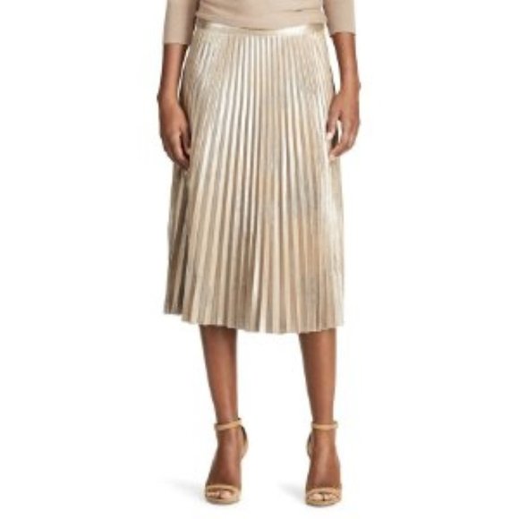 Womens Holiday Skirt Chaps Gold 10 Straight Metallic Foil Fx Suede Pleated - Picture 1 of 5